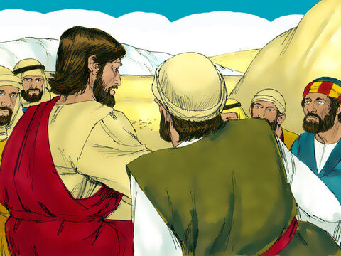 यीशु ने तुरंत चेलों से नाव पर चढ़ने को कहा और उन्हें उससे पहले पार जाने को कहा और वह भीड़ को विदा करने लगा। – Slide número 12