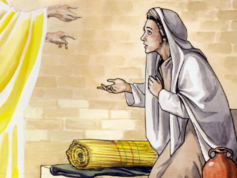 मरियम ने कहा, "देख, मैं प्रभु की दासी हूं, मुझे तेरे वचन के अनुसार हो" तब स्वर्गदूत उसके पास से चला गया॥ – Slide número 9