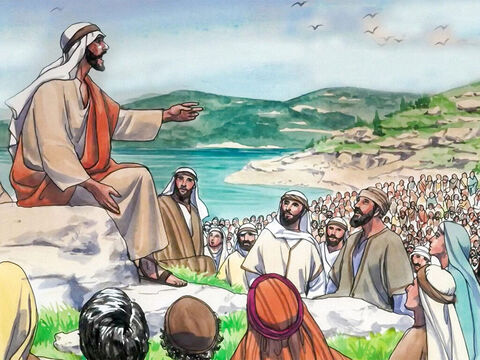 यीशु मसीह एक पहाड़ पर अपने शिष्यों को शिक्षा दे रहे थे। – Slide número 1