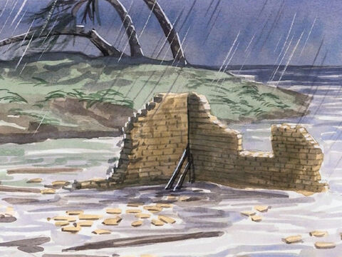 और मेंह बरसा, बाढ़ें आईं, और आन्धियां चलीं, और उस घर से टकराई और वह गिरकर नष्ट हो गया l – Slide número 6