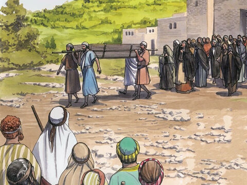 यीशु नाईंन नाम के एक नगर को गया, और उसके चेले, और बड़ी भीड़ उसके साथ जा रही थी। – Slide número 1