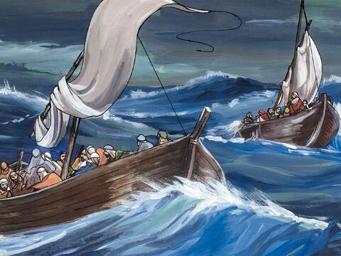 जब वह नाव पर चढ़ा, तो उसके चेले उसके पीछे हो लिए। और देखो, झील में एक ऐसा बड़ा तूफान उठा... – Slide número 2