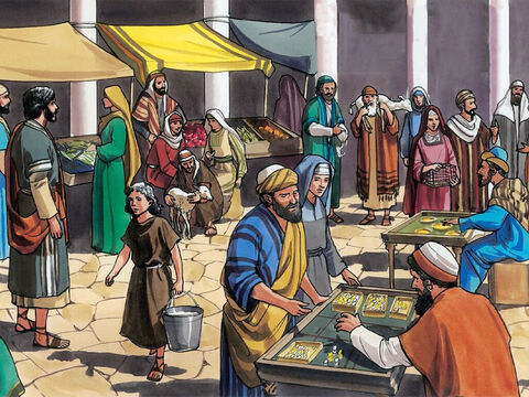 फिर वे यरूशलेम में आए, और वह मन्दिर में गया; और वहां जो लेन-देन कर रहे थे उन्हें बाहर निकालने लगा, – Slide número 3