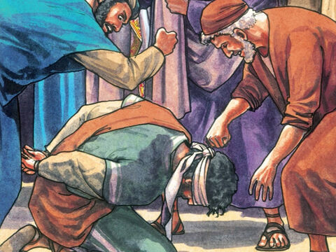 तब उन्होंने उस के मुंह पर थूका, और उसे घूंसे मारे, औरों ने थप्पड़ मार के कहा, ‘हे मसीह, हम से भविष्यद्ववाणी करके कह: कि किस ने तुझे मारा?’ – Slide número 13