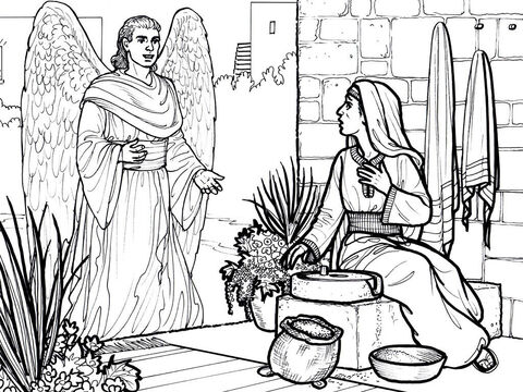 स्वर्गदूत गेब्रियल मरियम से मिलने जाता है और घोषणा करता है कि वह ईश्वर के पुत्र, यीशु की माँ बनेगी।<br/>लूका 1:26-56 – Slide número 1