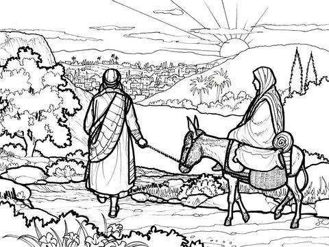 मरियम और यूसुफ बेथलहम के लिए रवाना हुए।<br/>लूका 2:1-7 – Slide número 2