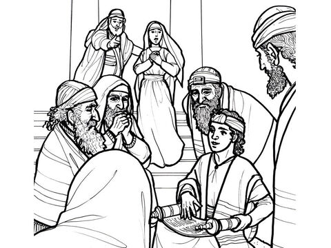 12 साल की उम्र में यीशु को मंदिर में अपने ज्ञान से शिक्षकों को आश्चर्यचकित करते हुए पाया गया।<br/>लूका 2:41-52 – Slide número 6