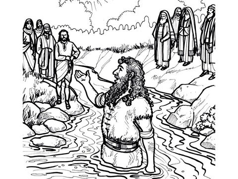 यीशु यूहन्ना बप्तिस्मादाता के पास जाते हैं जो यरदन नदी में लोगों को बपतिस्मा दे रहे हैं।<br/>मत्ती 3:1-17, मरकुस 1:1-11, लूका 3:1-22, यूहन्ना 1:6-34 – Slide número 1