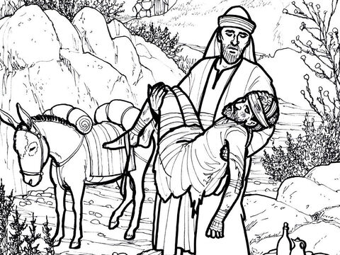 अच्छा सामरी एक यहूदी की मदद करता है जिसे पीटा गया और लूटा गया है।<br/>लूका 10:25-37 – Slide número 7
