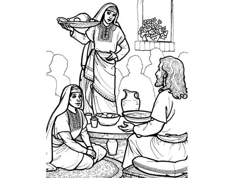 मार्था काम करती है जबकि मैरी बैठती है और यीशु को सुनती है।<br/>लूका 10:38-42 – Slide número 10
