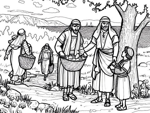 यीशु पाँच रोटियों और दो मछलियों से 5000 लोगों को खाना खिलाते हैं।<br/>मत्ती 14:13-22, मरकुस 6:31-46, लूका 9:10-17, यूहन्ना 6:1-13 – Slide número 2
