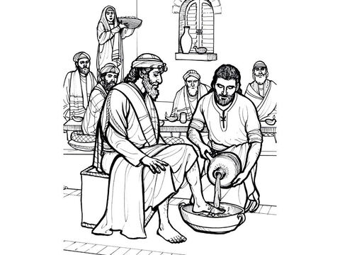 यीशु ने ऊपरी कक्ष में शिष्यों के पैर धोये।<br/>मत्ती 26:17-20, यूहन्ना 13:3-16 – Slide número 2