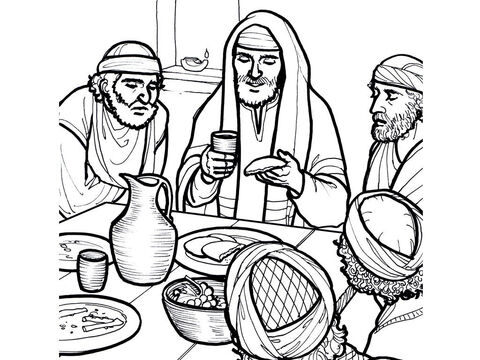 अंतिम भोज में यीशु ने रोटी तोड़ी और अपने शिष्यों के साथ दाखरस का एक प्याला साझा किया।<br/>मत्ती 26:17-35, मरकुस 14:12-31, लूका 22:7-38, यूहन्ना 13:18-38 – Slide número 3