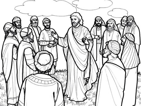 यीशु अपने स्वर्गारोहण से पहले अपने शिष्यों के सामने प्रकट होते हैं और उनसे बातचीत करते हैं।<br/>लूका 24:44-49, प्रेरितों के कार्य 1:10-11 – Slide número 8