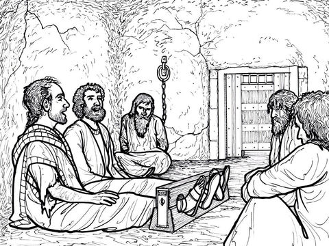 पौलुस और सीलास फिलिप्पी की जेल में रहते हुए परमेश्वर की स्तुति गाते हैं। प्रेरितों के कार्य 16:16-40 – Slide número 10