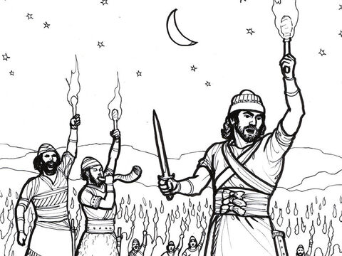 गिदोन परमेश्वर की आज्ञा का पालन करता है और मिद्यानियों को हराने के लिए पुरुषों के एक छोटे समूह का नेतृत्व करता है। – Slide número 2