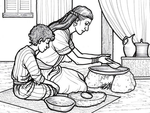 सारपत की विधवा अपने बेटे और एलिय्याह के लिए भोजन तैयार करती है। – Slide número 1