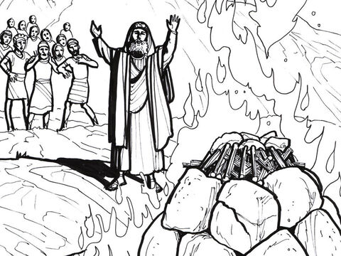 एलिय्याह झूठे भविष्यवक्ताओं को कार्मेल पर्वत पर एक प्रतियोगिता के लिए चुनौती देता है। – Slide número 2