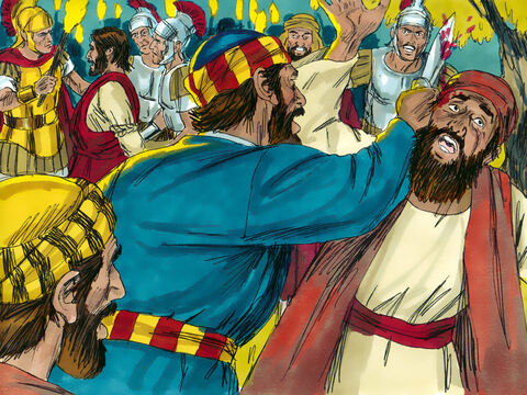 उन में से पतरस ने तलवार खींच कर महायाजक के दास पर चलाई, और उसका कान उड़ा दिया। लेकिन यीशु ने उससे तलवार फेंकने को कहा। – Slide número 11