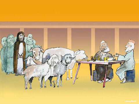 अन्य लोग पशु, भेड़, और कबूतर बेच रहे थे जो भेंट के लिए आवश्यक थे। – Slide número 3