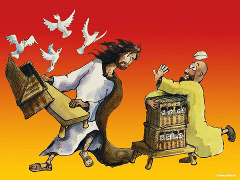 यीशु मसीह ने जो कुछ हो रहा था देखा उससे बहुत दुखी हुआ। यीशु मसीह ने कबूतरों को आज़ाद कर दिया। – Slide número 4
