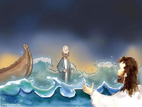 तो पतरस नाव से उतरा और जल पर यीशु मसीह की ओर चलने लगा। – Slide número 10