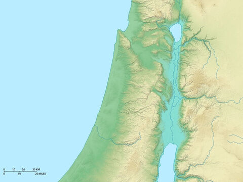 उत्तरी इस्राएल का मानचित्र जिसमें गलील झील और यरदन नदी रिफ्ट घाटी से होकर दक्षिण की ओर बहती हुई दिखाई दे रही है। पश्चिम में भूमध्य सागर। – Slide número 1