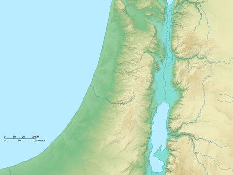 इस्राएल का मानचित्र उत्तर में गलील की झील और दक्षिण में मृत सागर के ऊपरी क्षेत्र को दर्शाता है। पश्चिम में भूमध्य सागर। – Slide número 2