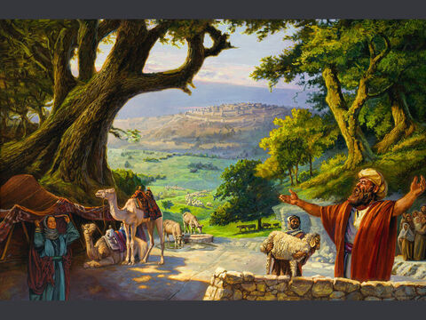 हेब्रोन में अब्राम की वेदी। 'तब अब्राम हेब्रोन में मम्रे के बड़े वृक्षों के पास रहने को गया, जहां उस ने अपने डेरे लगाए। वहाँ उसने यहोवा के लिए एक वेदी बनाई'। उत्पत्ति 13:18, पूर्ण पाठ: उत्पत्ति 13:1-18 – Slide número 1