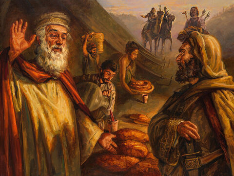 मलिकिसिदक अब्राम को आशीर्वाद देता है। तब शालेम का राजा मल्कीसेदेक रोटी और दाखमधु लेकर आया। वह परमप्रधान परमेश्वर का याजक था, और उसने अब्राम को यह कहकर आशीर्वाद दिया, कि अब्राम परमप्रधान परमेश्वर की ओर से धन्य हो, जो स्वर्ग और पृथ्वी का सृष्टिकर्ता है। उत्पत्ति 14:18-19, पूर्ण पाठ: उत्पत्ति  14:17-20 – Slide número 2