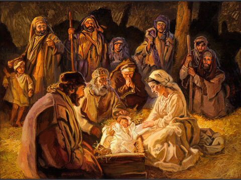 चरवाहों की आराधना। <br/>सो वे शीघ्र ही चल दिये और वहाँ जाकर उन्होंने मरियम और यूसुफ को पाया और देखा कि बालक चरनी में लेटा हुआ है। लूका 2:16, संपूर्ण पाठ: लूका 2:8–20 – Slide número 4