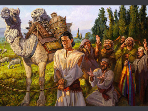 यूसुफ अपने भाइयों द्वारा बेचा गया।<br/>जब मिद्यानी व्यापारी पास आए, भाईयों ने यूसुफ को कुएँ से बाहर निकाला। उन्होंने बीस चाँदी के टुकड़ों में उसे व्यापारियों को बेच दिया। व्यापारी उसे मिस्र ले गए। उत्पत्ति 37:28, पूरा पाठ: उत्पत्ति 12:13-28 – Slide número 2