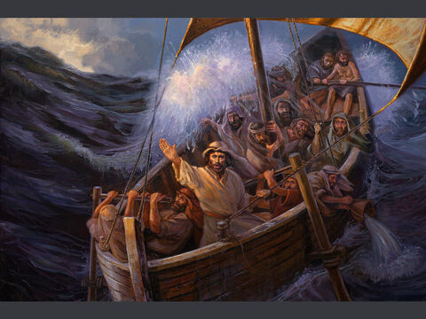 यीशु मसीह आंधी को शांत करता है। जब वह नाव पर चढ़ा, तो उसके चेले उसके पीछे हो लिए। और देखो, झील में एक ऐसा बड़ा तूफान उठा कि नाव लहरों से ढंपने लगी; और वह सो रहा था। तब उन्होंने पास आकर उसे जगाया, और कहा, हे प्रभु, हमें बचा, हम नाश हुए जाते हैं। उस ने उन से कहा; हे अल्पविश्वासियों, क्यों डरते हो? तब उस ने उठकर आन्धी और पानी को डांटा, और सब शान्त हो गया। और लोग अचम्भा करके कहने लगे कि यह कैसा मनुष्य है, कि आन्धी और पानी भी उस की आज्ञा मानते हैं। मत्ती 8: 23 – 27 – Slide número 1