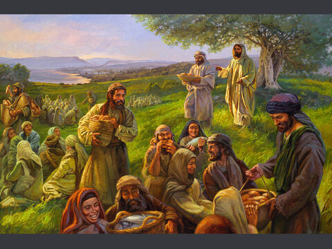 चमत्कारी भोजन। और यीशु मसीह ने उन पांच रोटियों को और दो मछिलयों को लिया, और स्वर्ग की ओर देखकर धन्यवाद किया और रोटियां तोड़ तोड़ कर चेलों को देता गया, कि वे लोगों को परोसें, और वे दो मछिलयां भी उन सब में बांट दीं। मरकुस 6:41<br/>पूरा पाठ: मरकुस 6:32-44 – Slide número 3