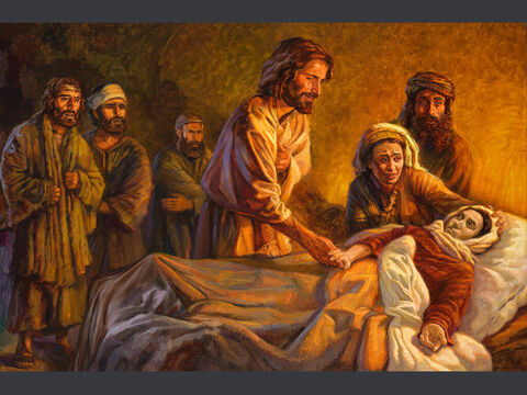 यीशु मसीह ने याईर की बेटी को मरे हुओं में से जिलाया। परन्तु उस ने उसका हाथ पकड़ा, और पुकारकर कहा, हे लड़की उठ! <br/>लूका 8: 54<br/>पूरा पाठ: लूका 8: 40 – 56 – Slide número 10