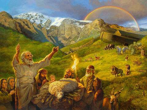 नूह की भेंट। तब नूह ने यहोवा के लिये एक वेदी बनाई; और सब शुद्ध पशुओं, और सब शुद्ध पक्षियों में से, कुछ कुछ ले कर वेदी पर होमबलि चढ़ाया। <br/>उत्पत्ति 8:20<br/>संपूर्ण पाठ: उत्पत्ति 8:20-9:17 – Slide número 5