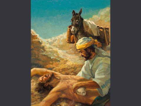 अच्छा सामरी। परन्तु एक सामरी यात्रा करते हुए, जहां वह था वहां आया; और उस ने उसे देखकर उस पर तरस खाया। उसने उसके पास जाकर उसके घावों पर तेल और दाखमधु उँडेल दिया। तब उस ने उस पुरूष को अपने ही गदहे पर बिठाया, और सराय में ले जाकर उसकी देख भाल किया। लूका 10:34-35 <br/>संपूर्ण पाठ: लूका 10: 25-37 – Slide número 3