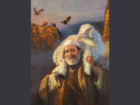 खोई हुई भेड़ का दृष्टान्त - चित्र 1 और जब वह उसे पाता है, तो वह खुशी-खुशी उसे अपने कंधों पर रखता है।  लूका 15:5 <br/>संपूर्ण पाठ: लूका 15:3-7 – Slide número 7