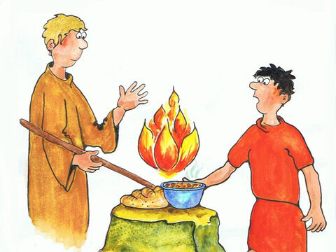 थोड़ी देर में गिदोन अपने मेहमान के लिए कुछ रोटी, मांस और शोरबा लेकर वापस आया।<br/>देवदूत ने कहा, 'उन्हें उस चट्टान पर रख दो।'<br/>फिर उसने अपनी लाठी बढ़ाकर उन्हें छुआ। आग की लपटें उठीं और खाना ख़त्म हो गया। देवदूत भी गायब हो गया।<br/>कांपते गिदोन ने खुद से कहा, 'वास्तव में परमेश्वर मुझसे बात कर रहे होंगे।' – Slide número 5