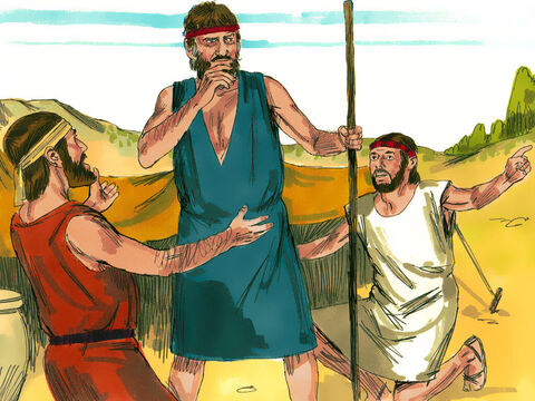 दूतों ने याकूब को बताया  कि एसाव चार सौ लोगों के साथ उससे मिलने आ रहा है। य सुनकर याकूब अत्यंत घबरा गया। – Slide número 3
