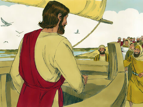 यीशु ने गलील झील के दूसरी ओर का दौरा किया था और एक बड़ी भीड़ कफरनहूम में उसके लौटने की प्रतीक्षा कर रही थी। – Slide número 2
