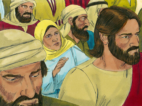 किसी का ध्यान न जाने की आशा में, वह यीशु के पीछे रेंगती हुई आई। उसने सोचा, 'यदि मैं उसके वस्त्र के आंचल को ही छू लूं, तो चंगी हो जाऊंगी।' – Slide número 6
