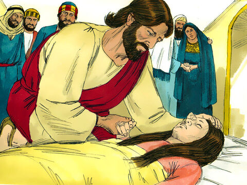 यीशु ने लड़की का हाथ पकड़ा और कहा, 'मेरी बच्ची, उठ!' – Slide número 13