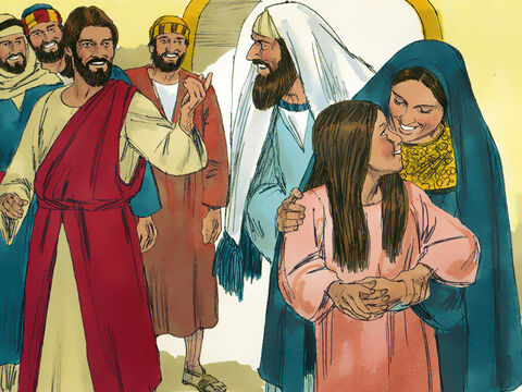 यीशु ने उसके चकित माता-पिता से कहा कि उसे कुछ खाने को दो। तब यीशु ने उन्हें आज्ञा दी कि जो कुछ हुआ है वह किसी से न कहना। – Slide número 15