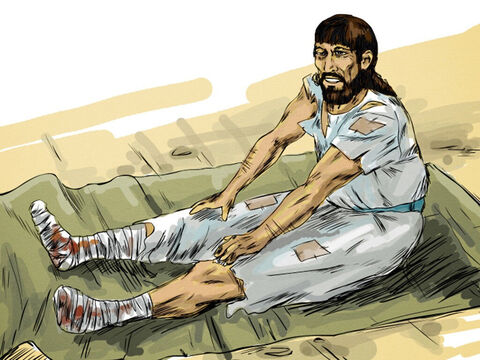 विश्राम के दिन यीशु तालाब के पास गया और उसने एक ऐसे मनुष्य को देखा जो अड़तीस वर्ष से अशक्त था। 'क्या तुम ठीक होना चाहते हो?' यीशु ने पूछा। – Slide número 3