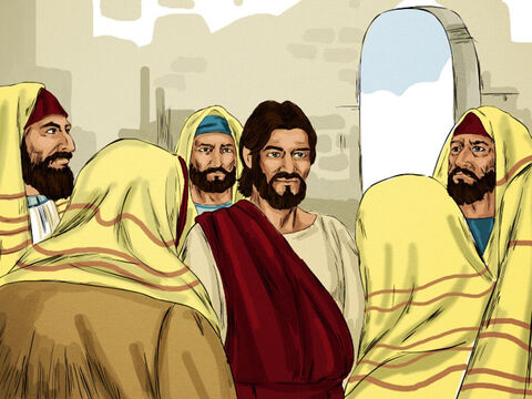 यहूदी नेताओं ने अपने सब्त के दिन के नियमों में से एक को तोड़ने के लिए यीशु पर हमला करने के लिए उसका पीछा किया। – Slide número 9