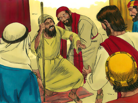 यीशु रुक गया और लोगों से उस अंधे को अपने पास लाने को कहा। जब वह मनुष्य निकट था, तो यीशु ने उस से पूछा, 'तू क्या चाहता है, कि मैं तेरे लिये करूं?' – Slide número 5