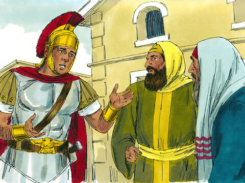 सूबेदार कफरनहूम में कुछ सम्मानित यहूदी अगुवों के पास गया और उनसे कहा कि वे यीशु से कहें कि आकर उसके सेवक को चंगा करें। – Slide número 3