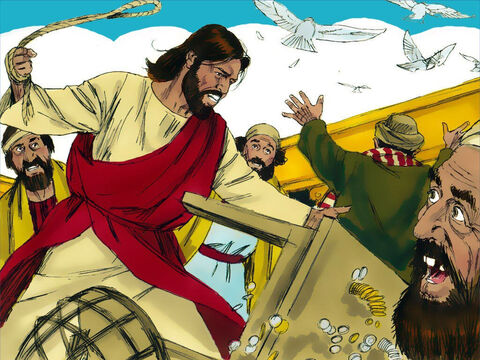 यीशु ने भ्रष्ट सर्राफों की मेज़ें उलट दीं। उसने कबूतर बेचनेवालों की पीठें उलट दीं। – Slide número 3