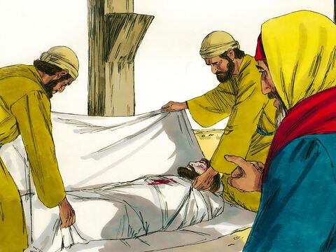यूसुफ ने यीशु के शरीर को नीचे उतारा, उसे मलमल के कपड़े में लपेटा और चट्टान में खुदी हुई एक खाली कब्र में ले गया। – Slide número 13